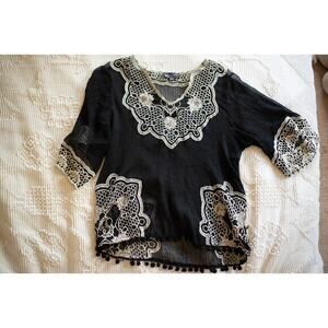 Vintage y2k Hale Bob Silk Top S Heavily Embroidered Peasant Boho Bohemian Sheer